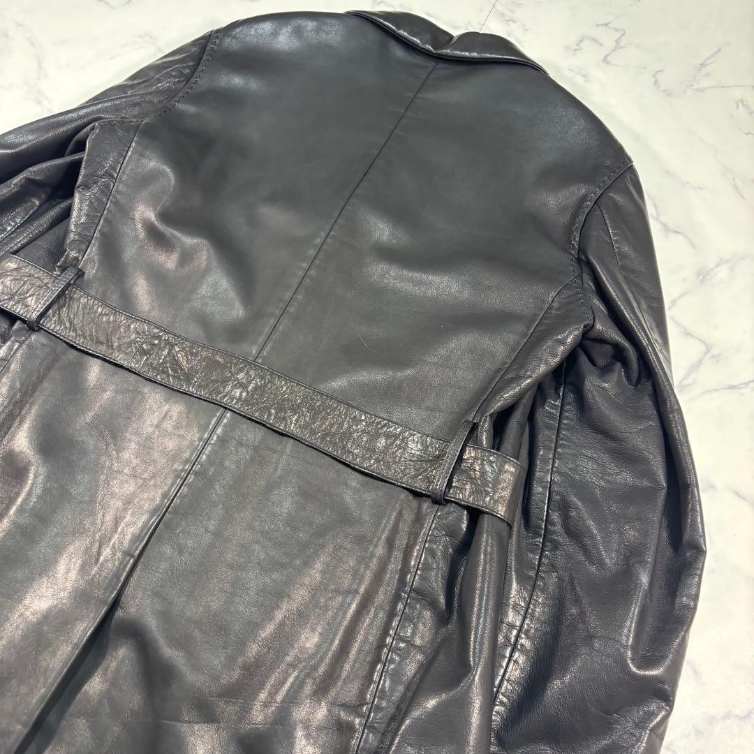 鹿革 ディアスキン レザー チェスターコート 黒ベルト 裏地総柄 Lサイズ