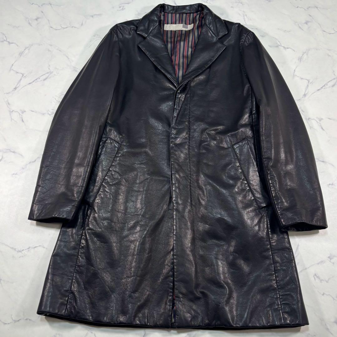 鹿革 ディアスキン レザー チェスターコート 黒ベルト 裏地総柄 Lサイズ