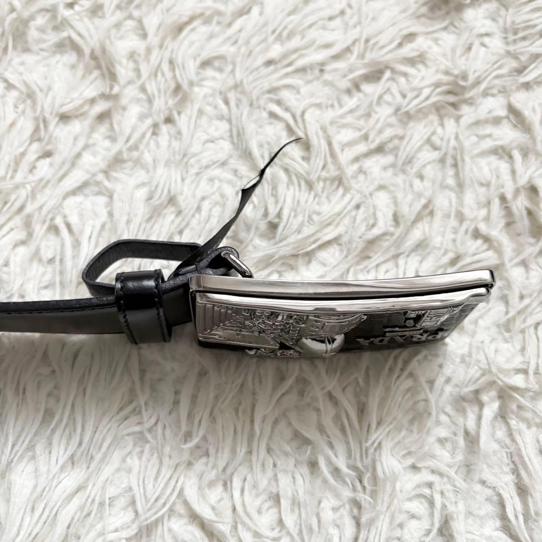 良品　PRADA プラダ　レザーベルト　機関車プレート　05379 黒　銀