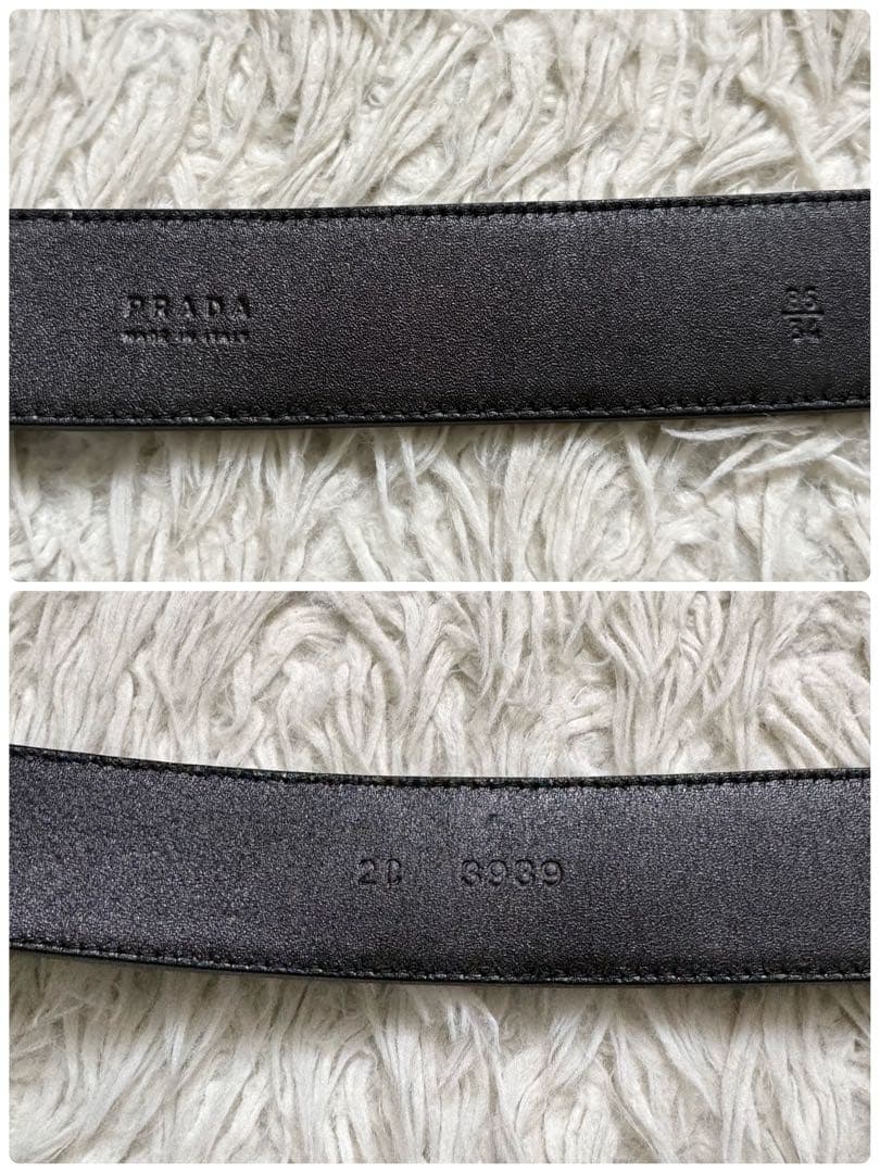 良品　PRADA プラダ　レザーベルト　機関車プレート　05379 黒　銀