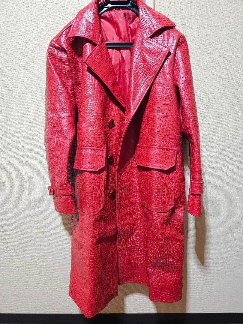 メンズ赤レザークロコダイル型押しロングチェスターコートXXL