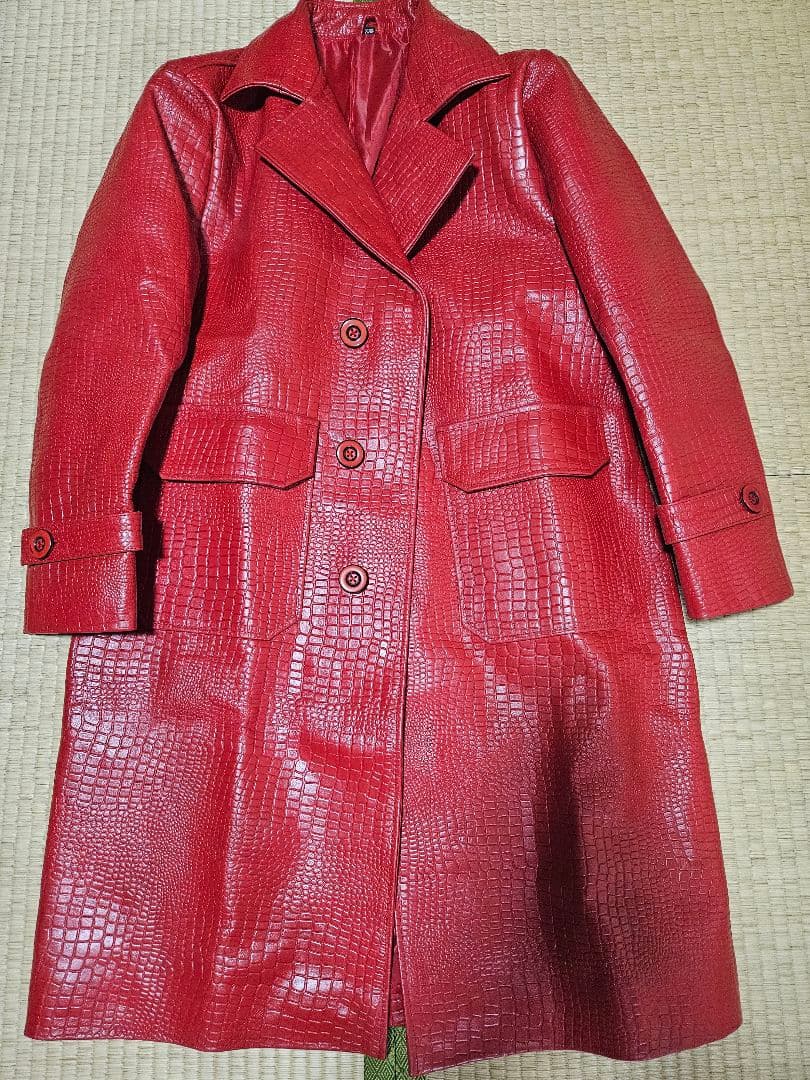 メンズ赤レザークロコダイル型押しロングチェスターコートXXL