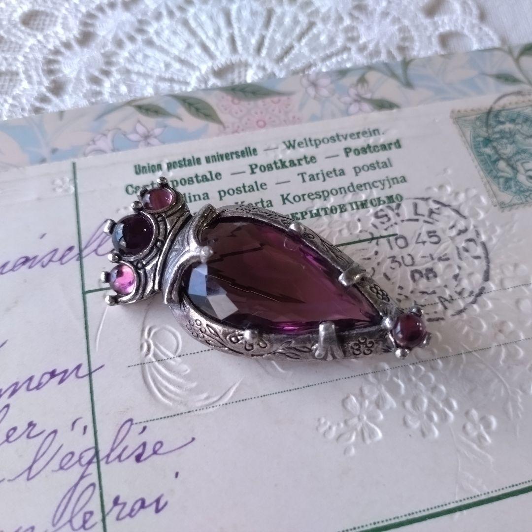 イギリス製ヴィンテージ　MIRACLE　パープルガラス　ハート　王冠　ブローチ