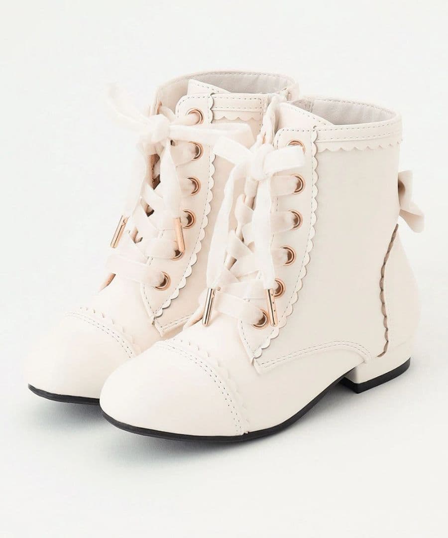 エニィファム　バック　リボン　レースアップ　ブーツ　白　ヒール　春