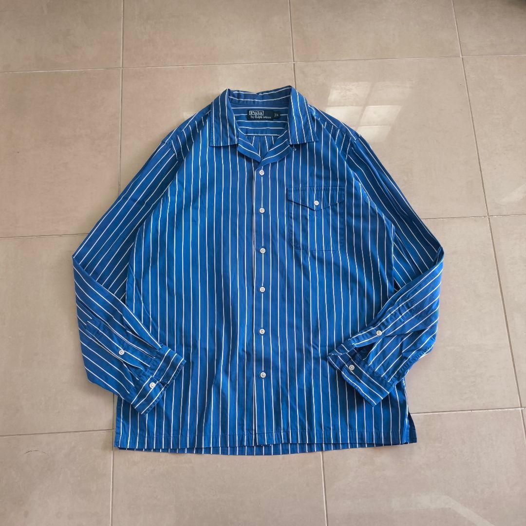 Ralph Lauren　オープンカラーシャツ　ストライプ　開襟　ブルー　L