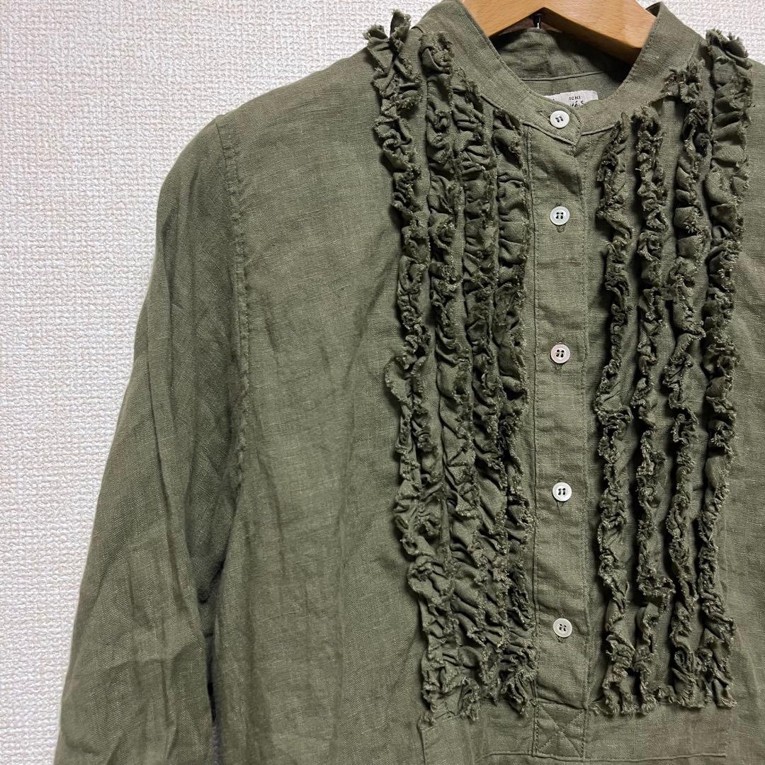 オンライン限定❣️ICHI Antiquites リネンフリルブラウス オリーブ