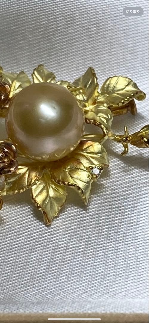 シロチョウ養殖真珠 無色石ダイヤピンブローチ K18刻印あり