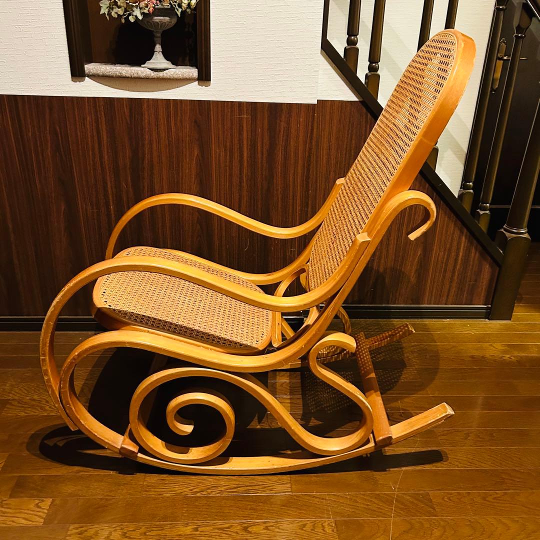 【良品】 ラタン ロッキングチェア 天然木 ゆりかご