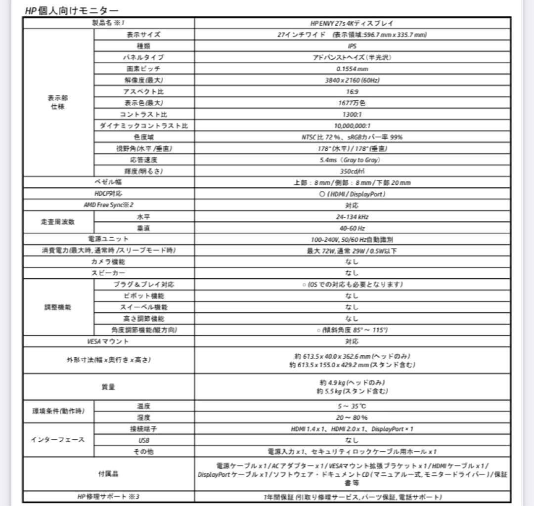 HP ENVY 27s 4Kディスプレイ 27インチ