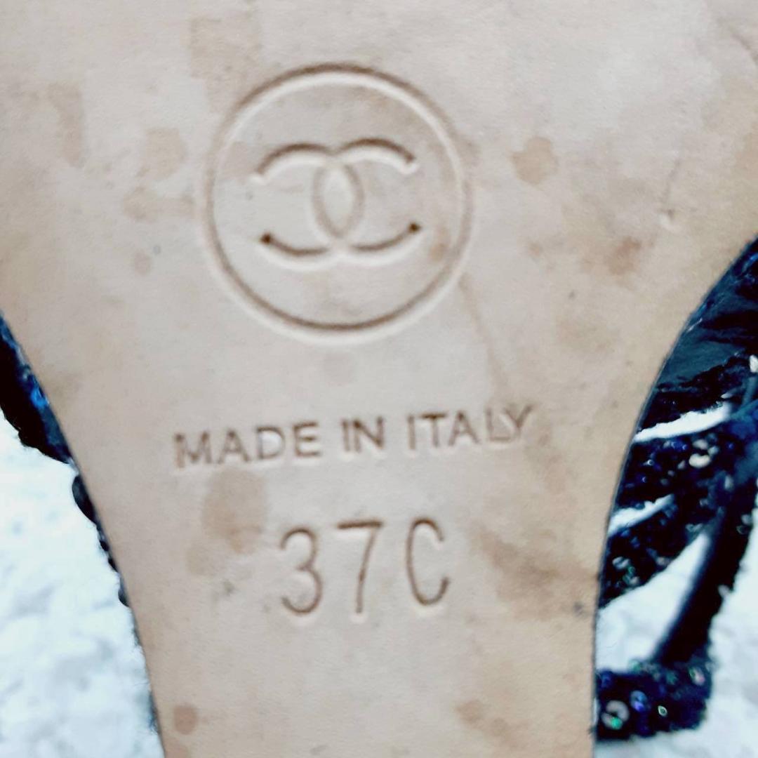 美品 24㎝◎CHANEL シャネル グリポア ツイードサンダル ブラック 黒