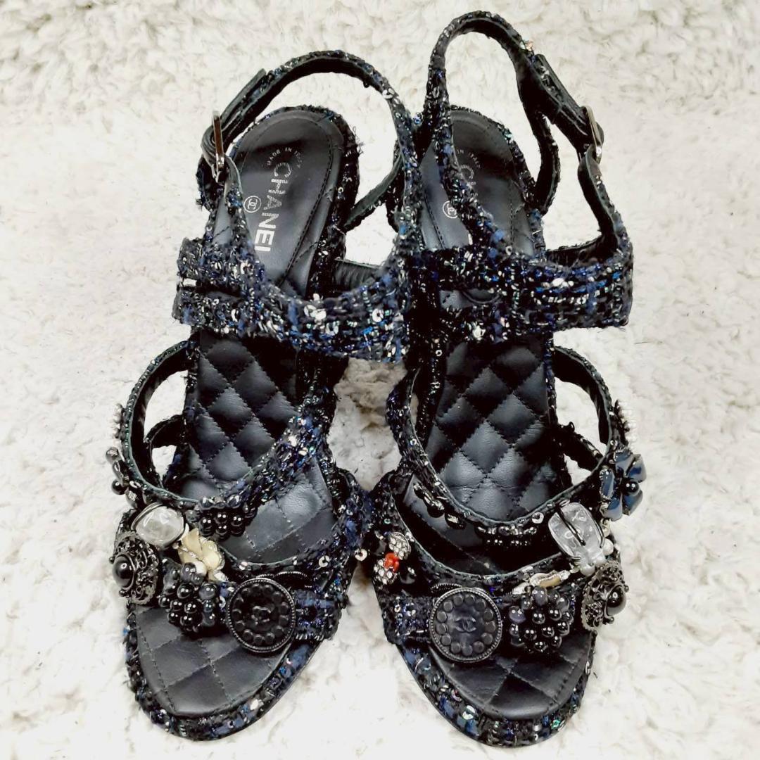 美品 24㎝◎CHANEL シャネル グリポア ツイードサンダル ブラック 黒