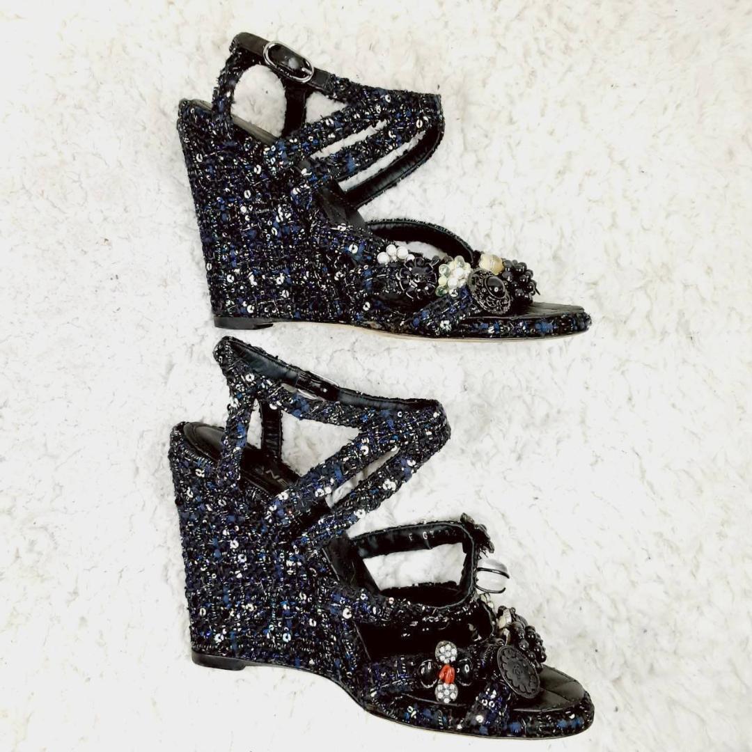 美品 24㎝◎CHANEL シャネル グリポア ツイードサンダル ブラック 黒