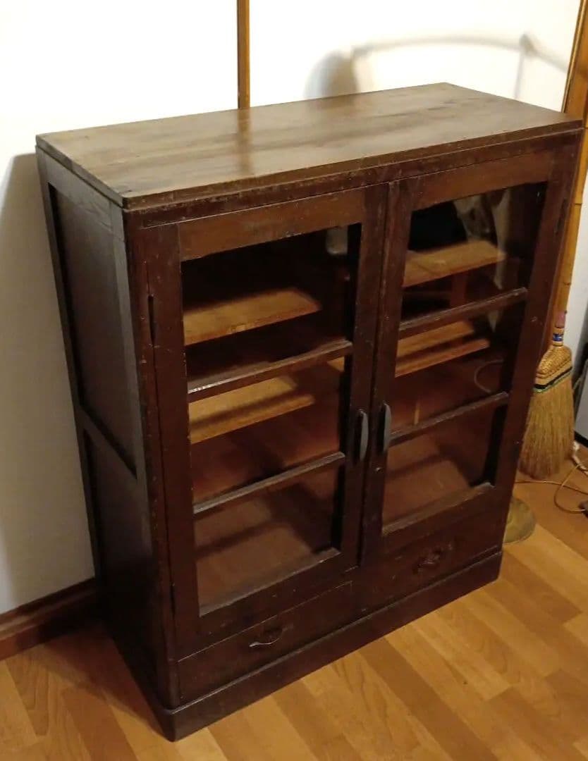 ガラスキャビネット　昭和レトロ　ガラス棚　小引き出し 本棚