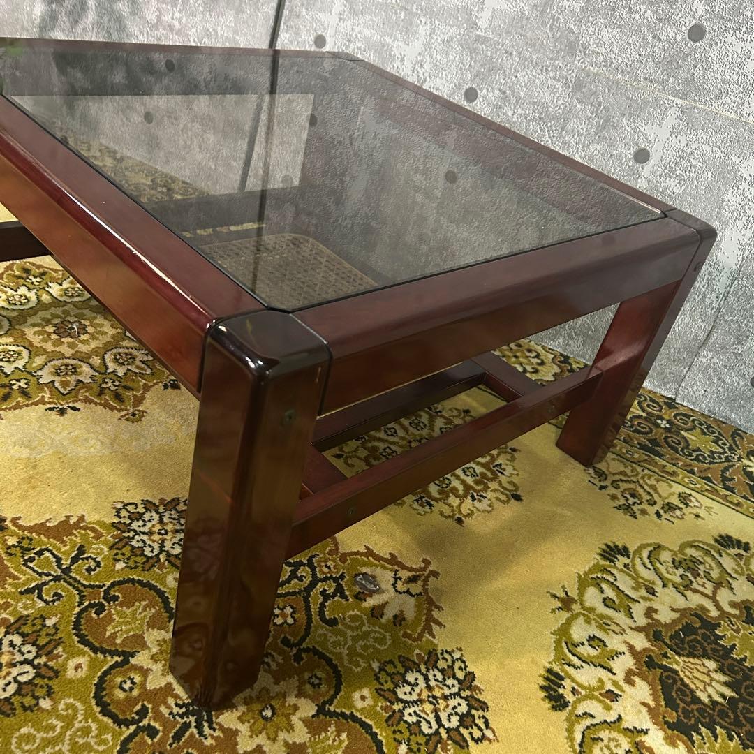 ꧁昭和レトロ꧂ラタン収納スペース付スクエアガラステーブル 机 籐 センター ロー