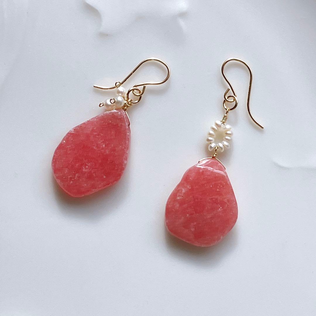 マルモ◆ラフカット✧インカローズ×淡水パールアシンメトリーピアス