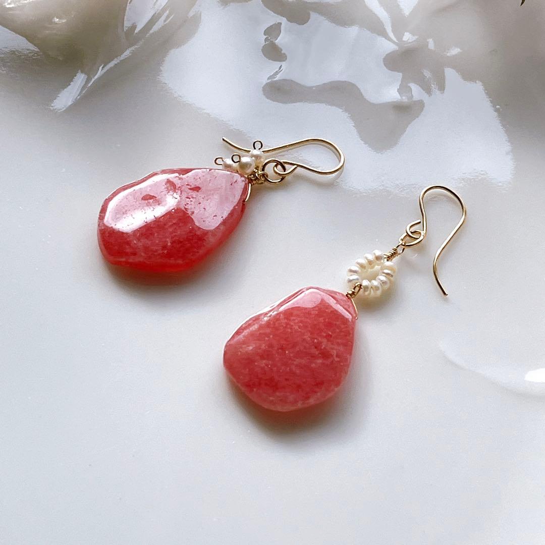 マルモ◆ラフカット✧インカローズ×淡水パールアシンメトリーピアス