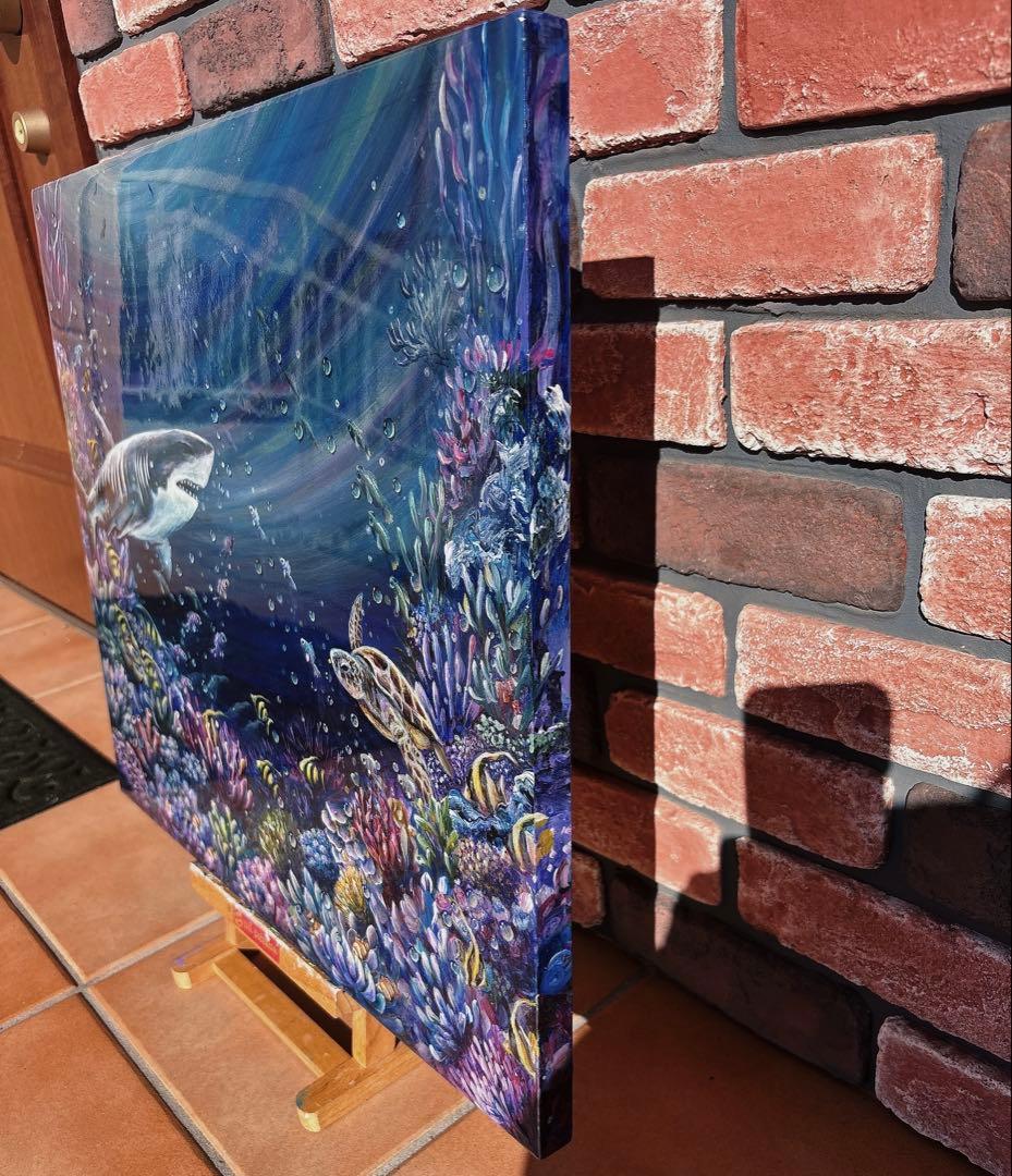 おっちページです　海　ホオジロザメ　珊瑚　レジンアート　原画　絵画