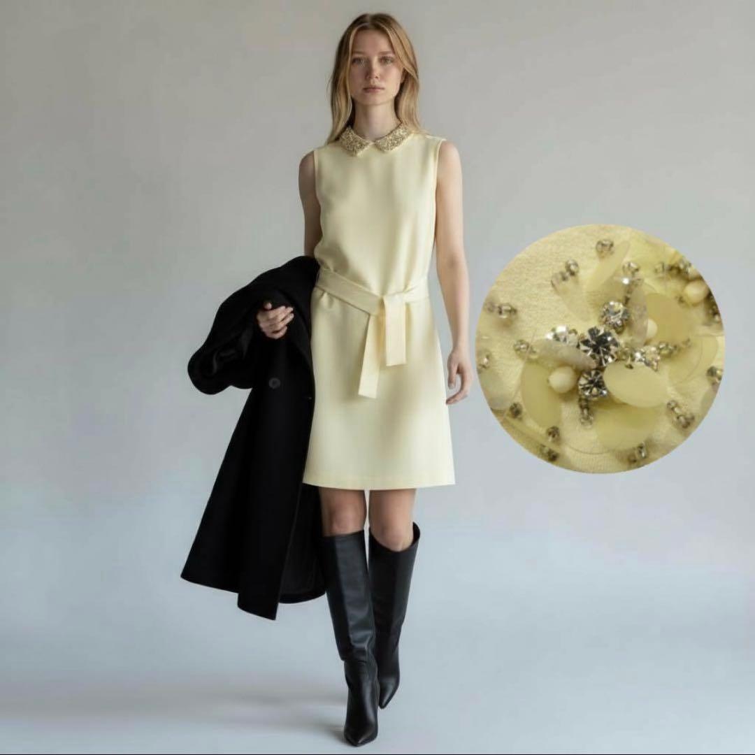 ミュウミュウ/ワンピース/花ビジュー装飾襟/ウエストリボン/パーティ