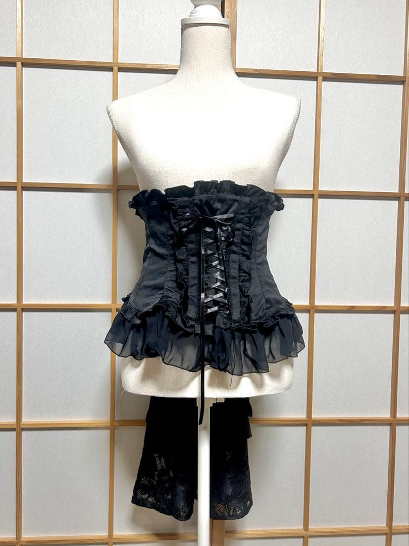 【MARBLE】マーブル　バッスル付あみあげコルセット：黒レース