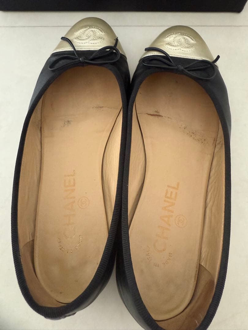 CHANEL シャネル　バレリーナ　シルバーゴールド×ブラック　コンビ　38