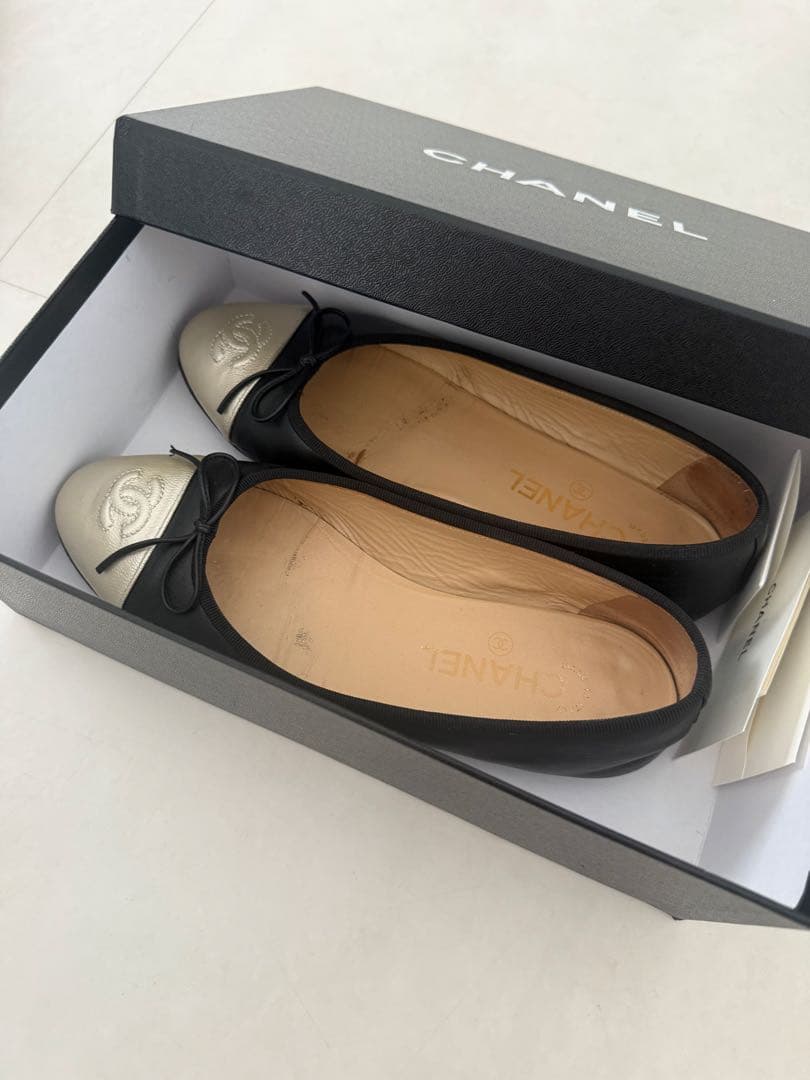 CHANEL シャネル　バレリーナ　シルバーゴールド×ブラック　コンビ　38