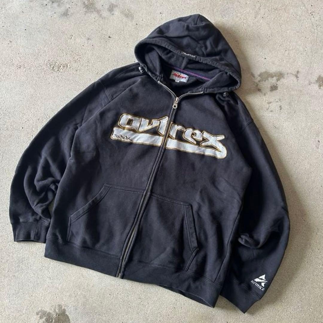90's~ AVIREX ジップパーカー　サーマル　ブラック　y2k 短丈