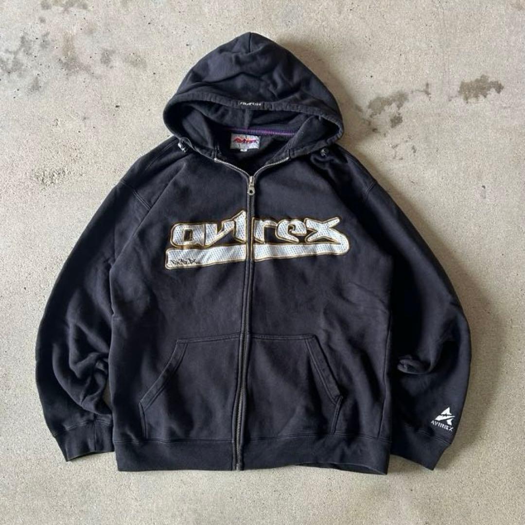 90's~ AVIREX ジップパーカー　サーマル　ブラック　y2k 短丈