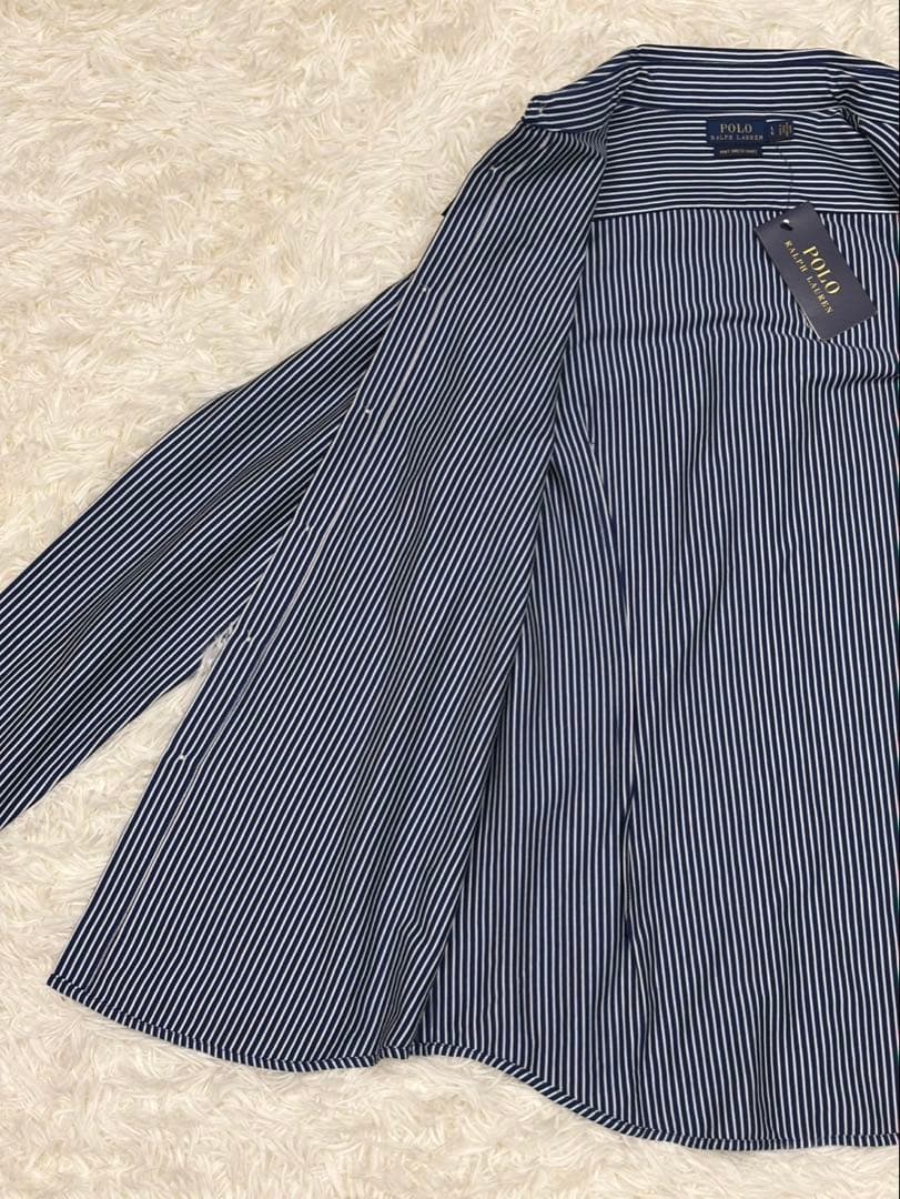 【新品】ポロラルフローレン ニットドレスシャツ ストライプ L ネイビー