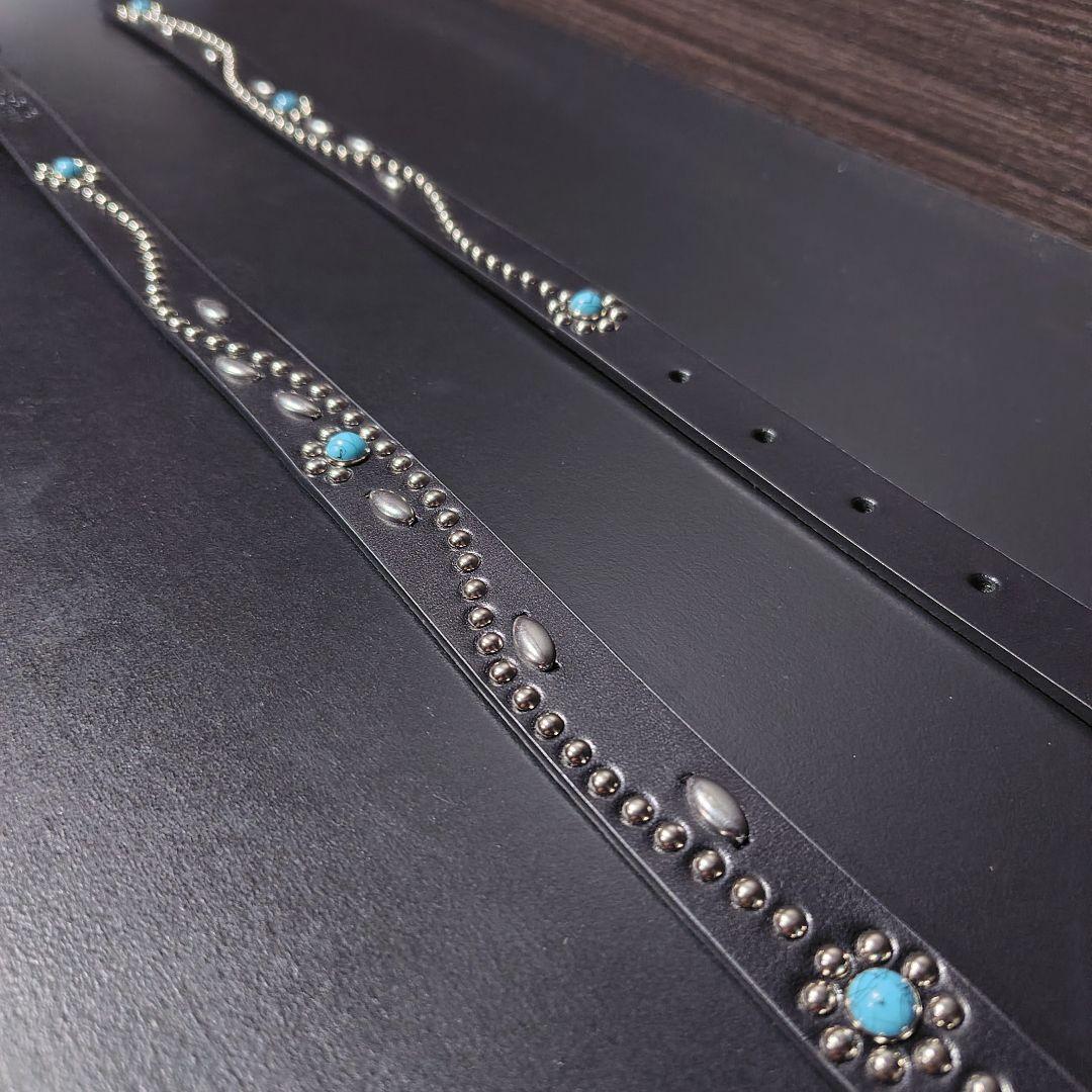 フラワーターコイズ■本革レザーフルスタッズナローベルト☆アメカジ古着ヴィンテージ