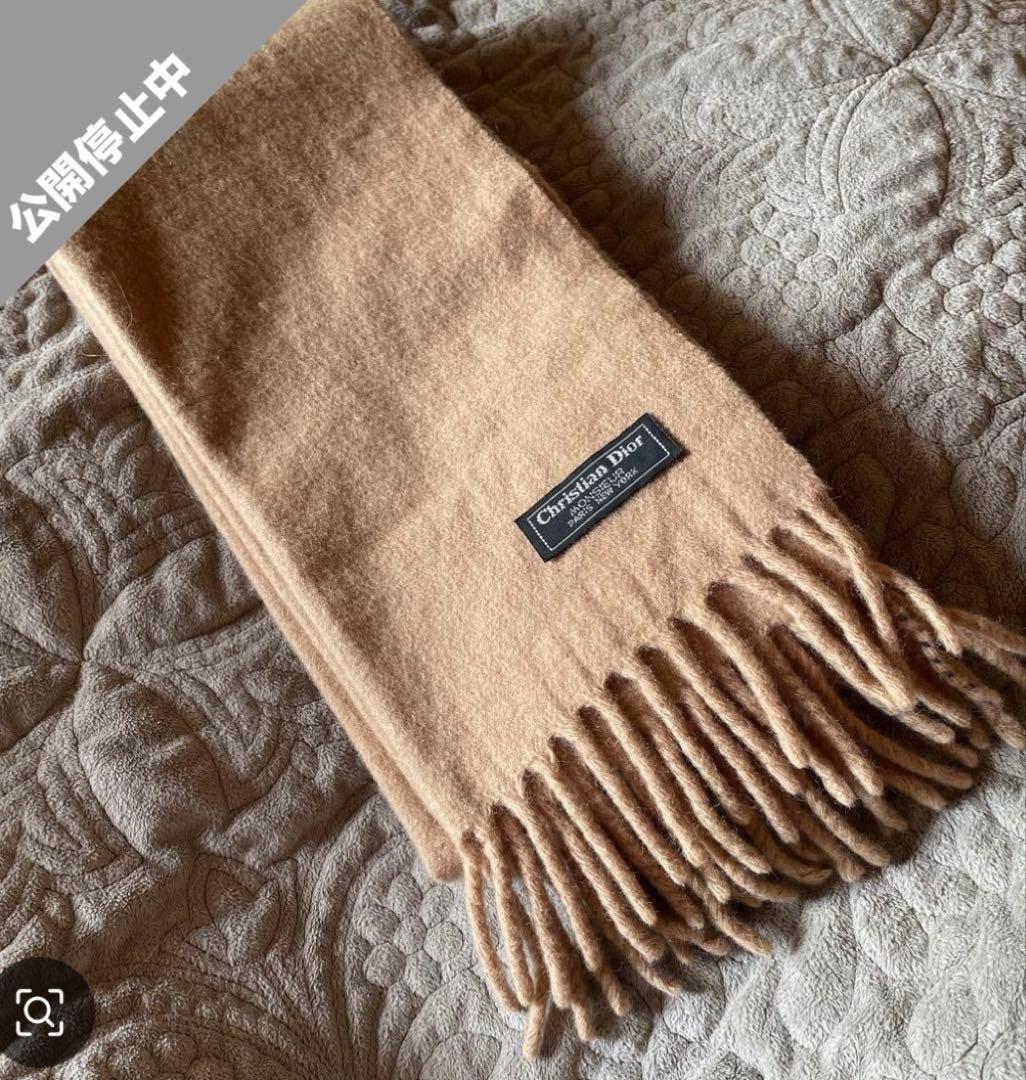Christian Dior ベージュ マフラーフリンジ付き　カシミア100