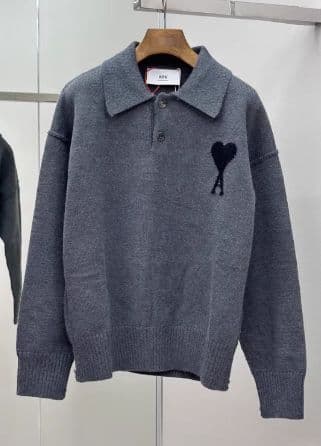 新品 AMI PARIS グレー ニットポロシャツ ハート刺繍 Mサイズ 秋冬