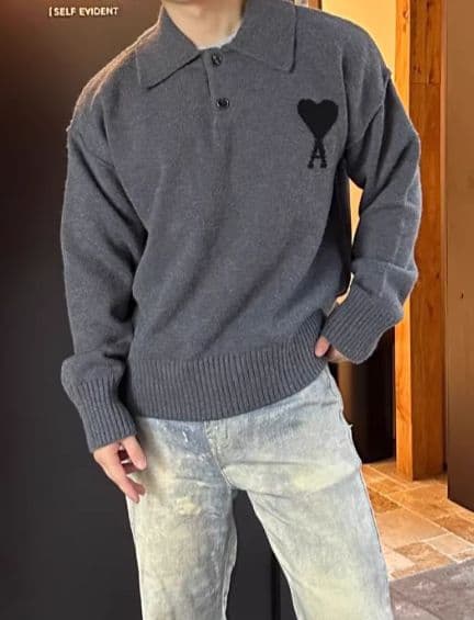 新品 AMI PARIS グレー ニットポロシャツ ハート刺繍 Mサイズ 秋冬
