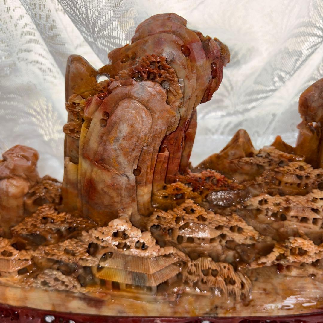 中国翡翠 彫刻 風景 船 山景色　置物　アート　40cm