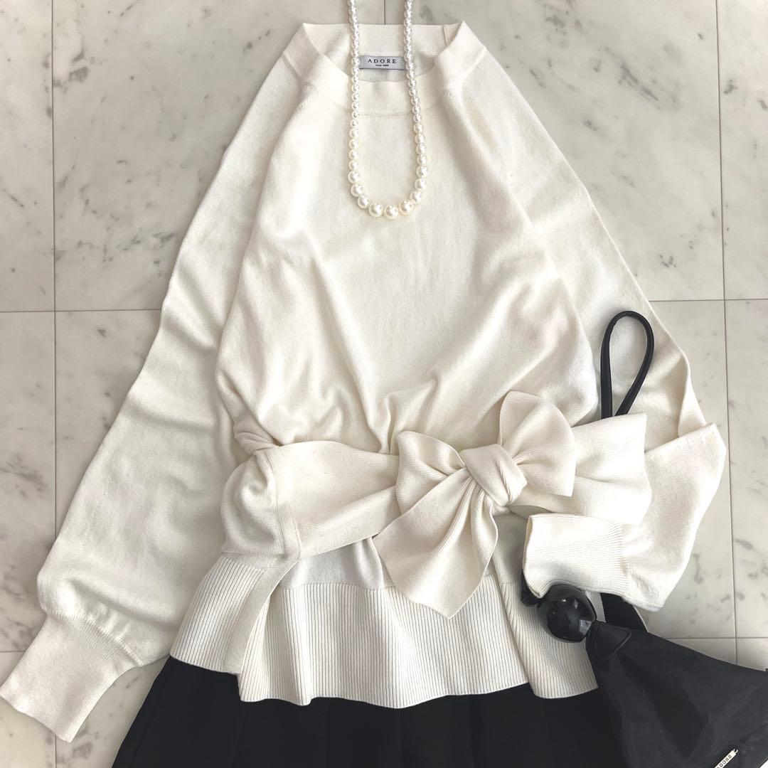 アドーア 春ニット セーター コットン カシミヤ リボン アイボリー 38