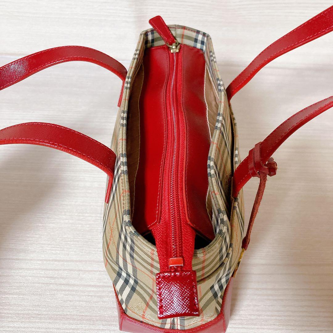 バーバリー BURBERRY ノバチェック ハンドバッグ ベージュ レッド