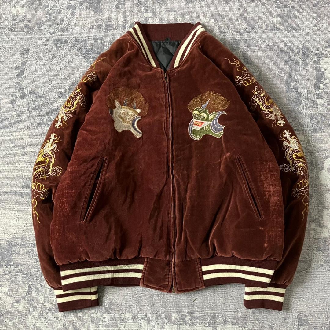 【ベロア】スカジャン 刺繍 風神雷神 龍 裏地キルティング 別珍 えんじ Y2K
