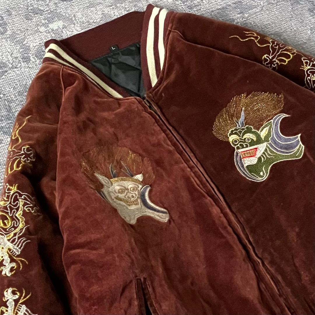 【ベロア】スカジャン 刺繍 風神雷神 龍 裏地キルティング 別珍 えんじ Y2K