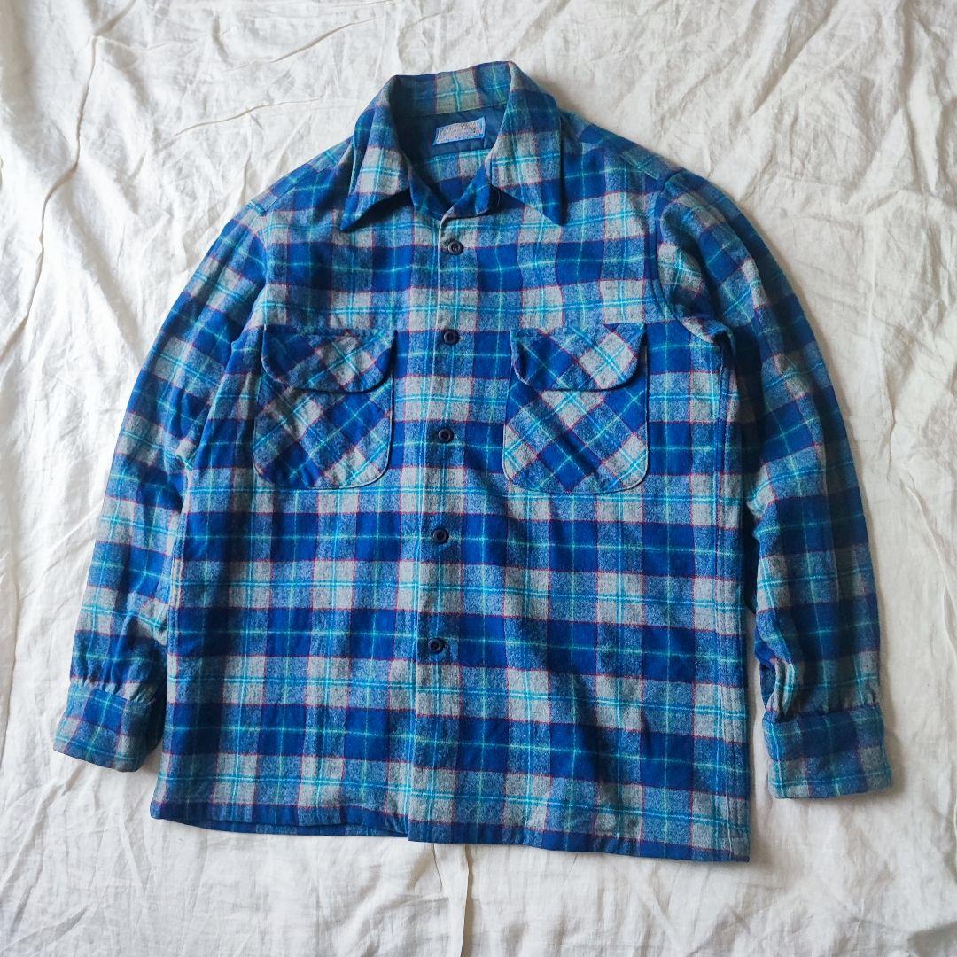 70s USA製 ペンドルトン ボードシャツ ヴァージンウール ブルー グレー
