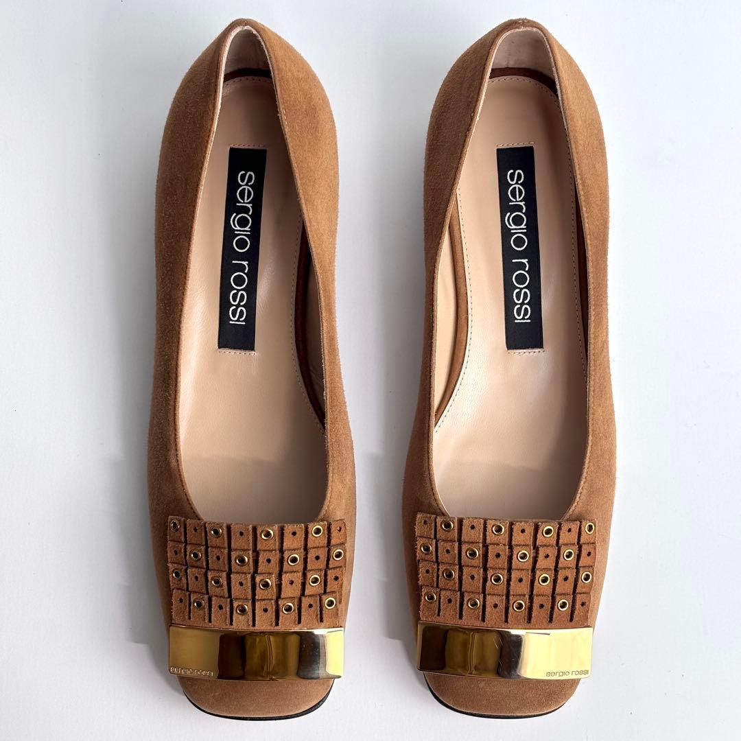 【未使用級】SERGIO ROSSI スクエア パンプス スエード ゴールド金具