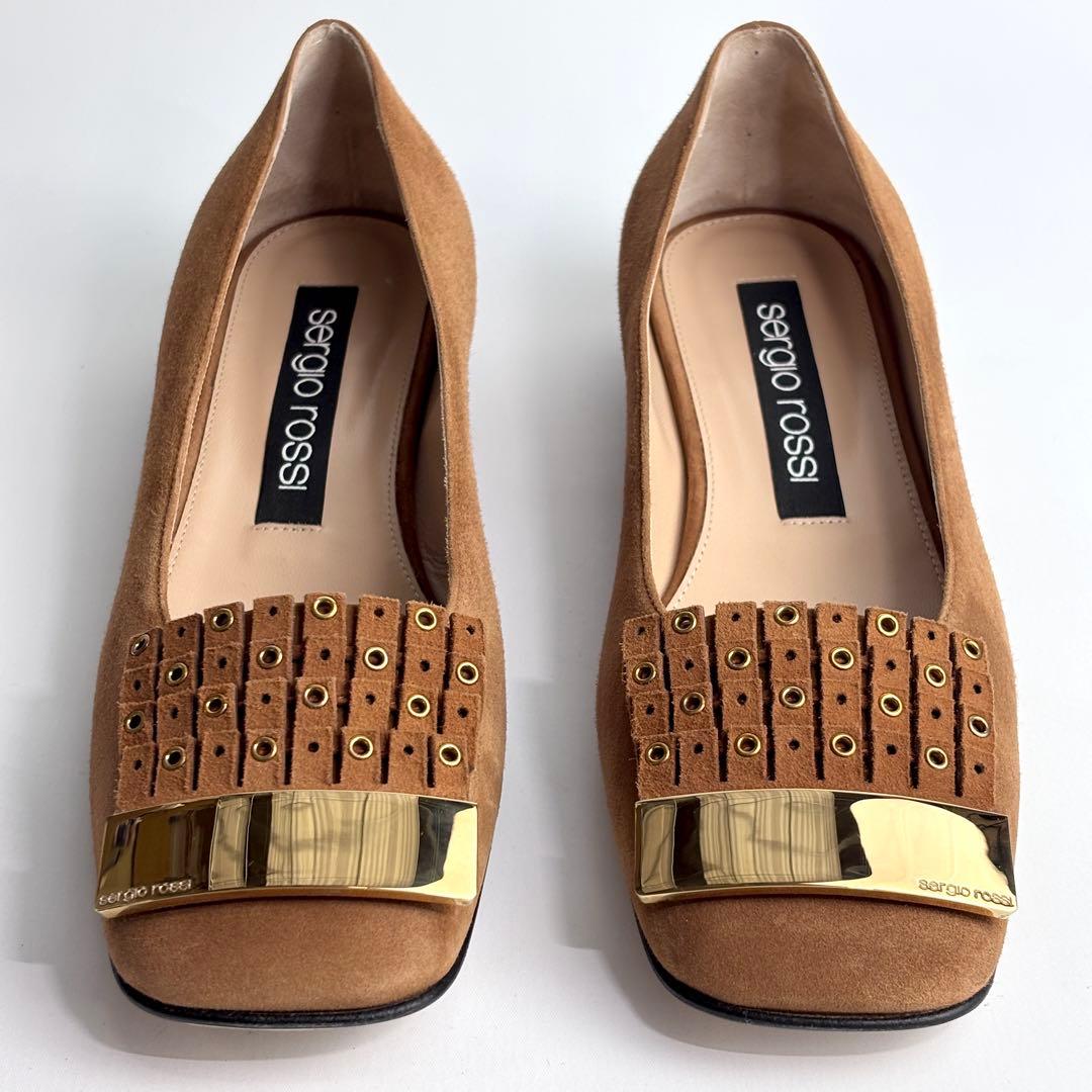 【未使用級】SERGIO ROSSI スクエア パンプス スエード ゴールド金具