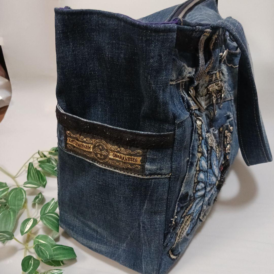 おにっち⑧　リメイクデニム　青い蝶々　特大トートバッグ　Lサイズ