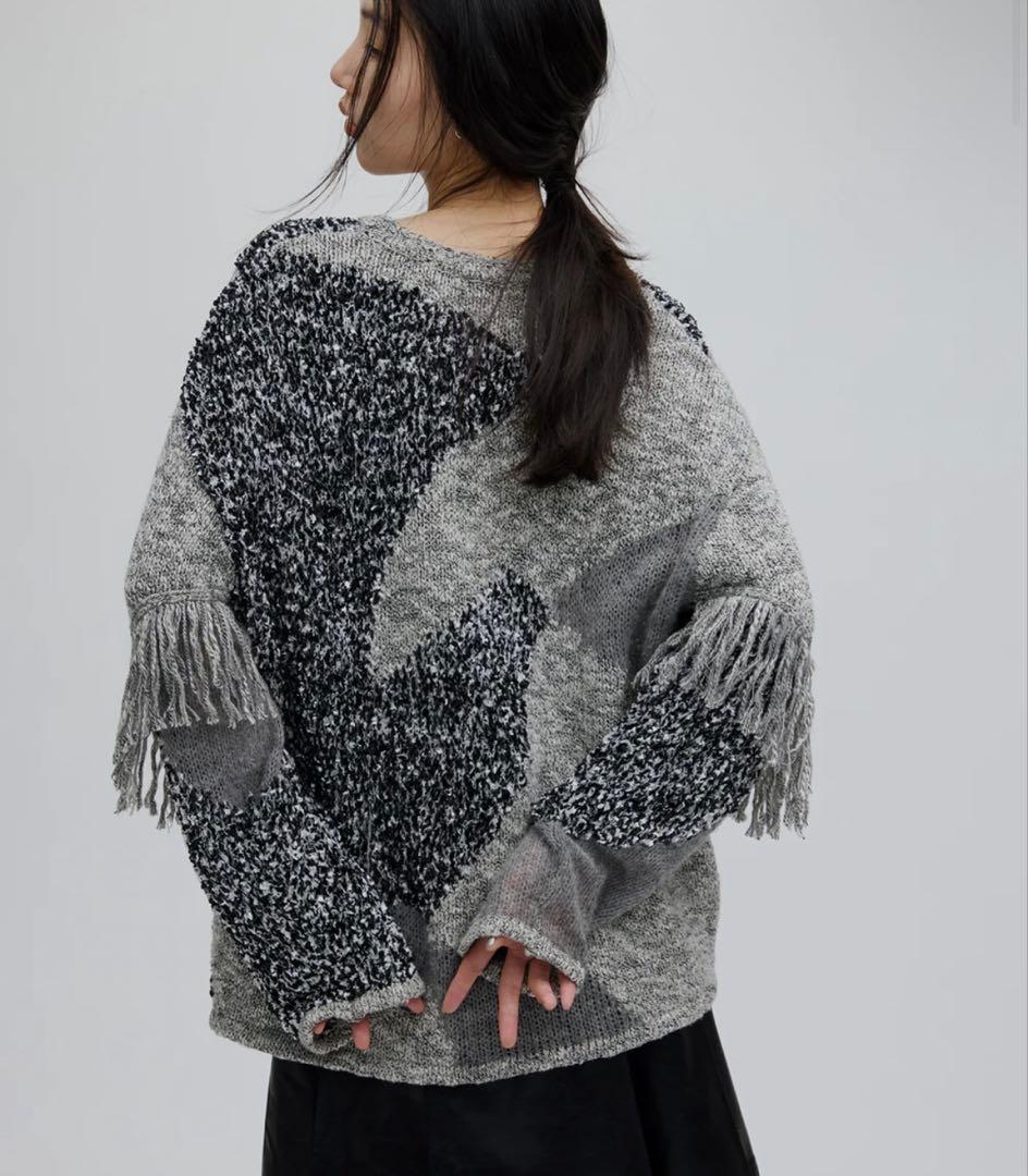 トップス DOCKING PATTERN FRINGE KNIT