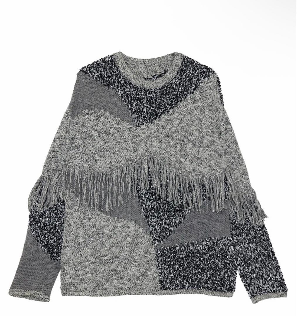 トップス DOCKING PATTERN FRINGE KNIT