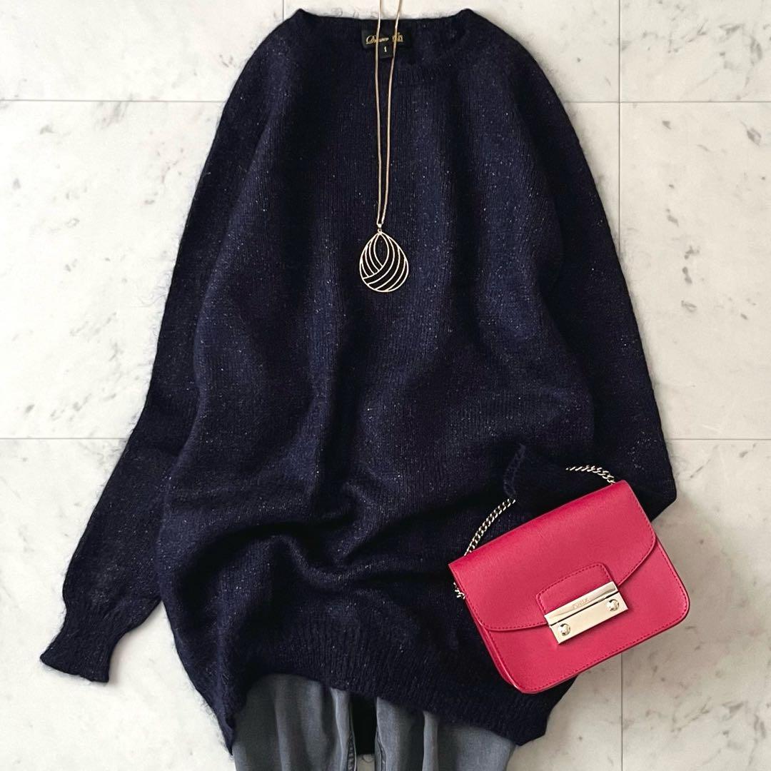 美品♪ドゥロワー モヘヤシルク混クルーネックニット ネイビー×ゴールドラメ 長袖