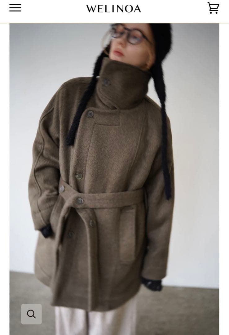 WELINOAスタンドカラーミディウールコート(チャコールカーキ)