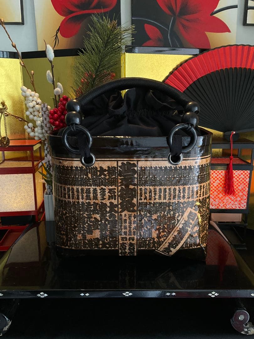 一閑張り　大相撲　相撲番付表　和風　かごバッグ　柿渋　一閑張りバッグ