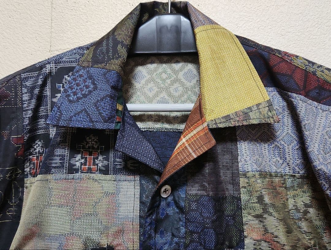 正絹大島紬総パッチワークオプ－ンシャツLsize