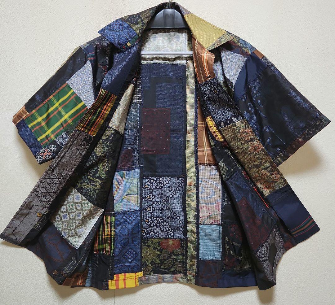 正絹大島紬総パッチワークオプ－ンシャツLsize