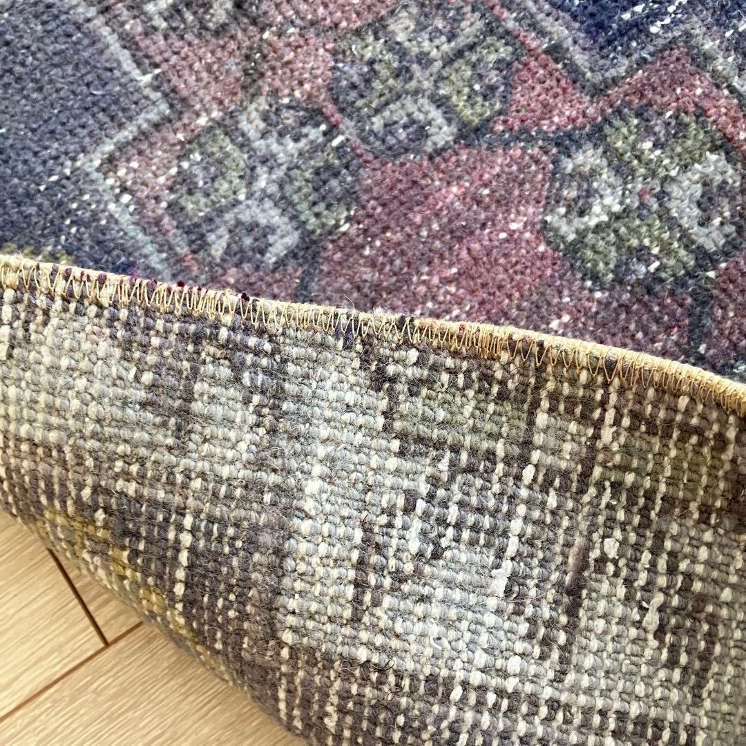 濃淡ブルー✳︎43×83 イエロー　ピンクメダリオン　トルコヴィンテージラグ