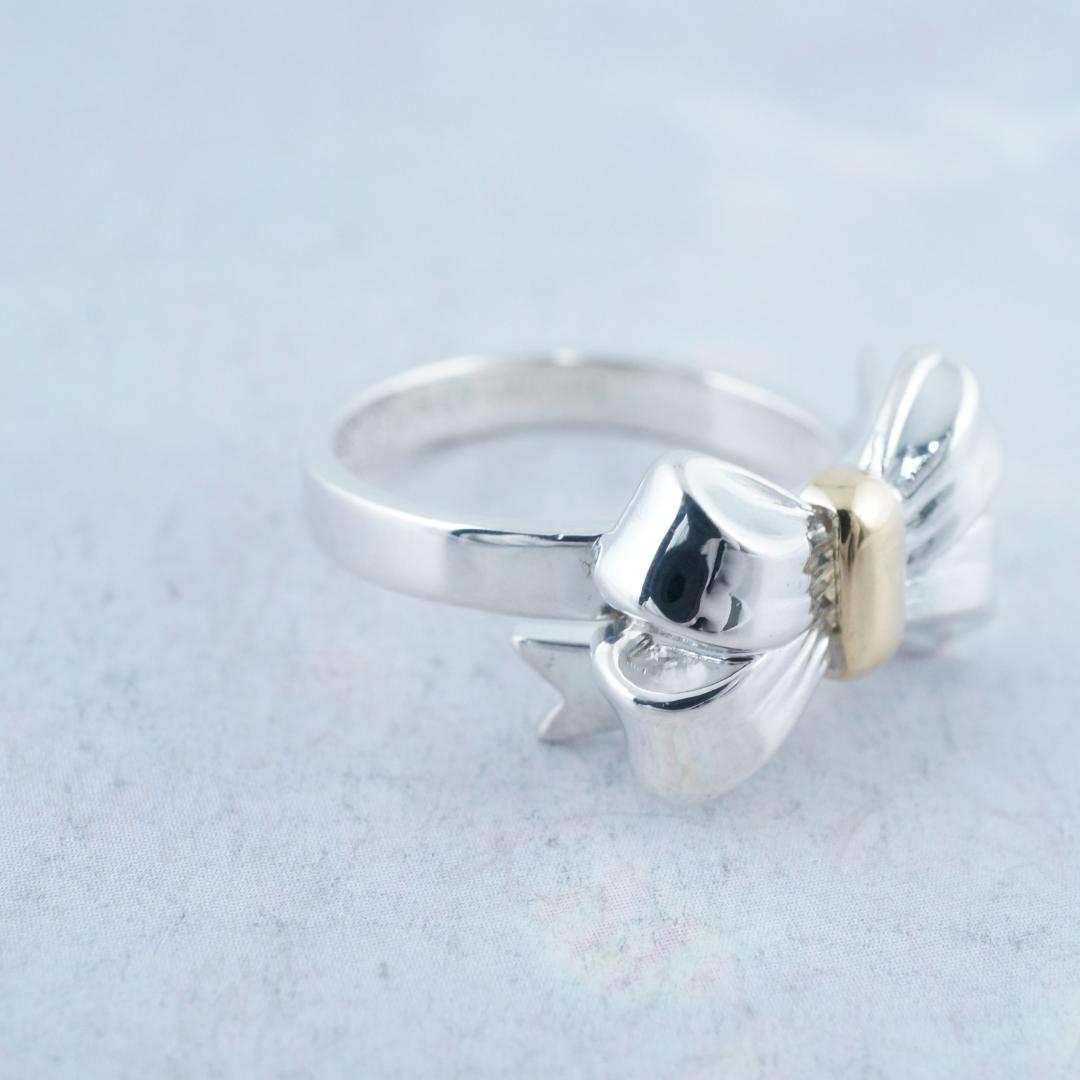 新品仕上 ティファニー SV925×18K 750リボン リング 13号